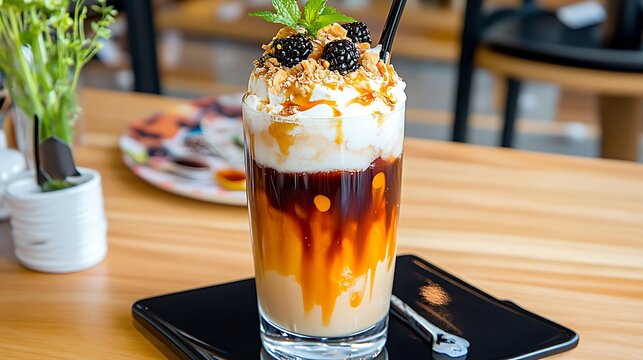 Iced Coffee Caramel Topping Whipped Cream Blackberries Dessert Drink