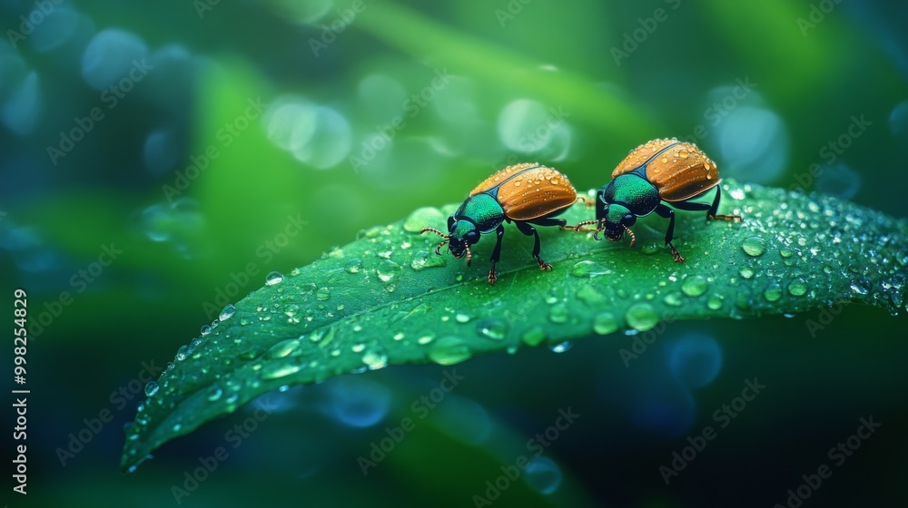 Poster a pair of beetles on a dew-drenched leaf, their shiny bodies reflecting the morning light, surrounde