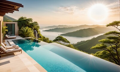 Fototapeta premium A beautiful view of a lake and mountains with a pool on the side. The pool is surrounded by trees and has a sun reflecting on the water