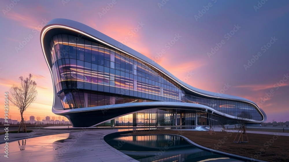 Poster A large building with a curved design and a lot of windows
