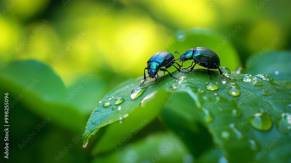 Poster a pair of beetles on a dew-drenched leaf, their shiny bodies reflecting the morning light, surrounde