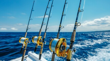 Four fishing rods with golden reels ready for action on a boat against a vast blue sea and clear sky, depicting an ideal setting for deep-sea fishing.