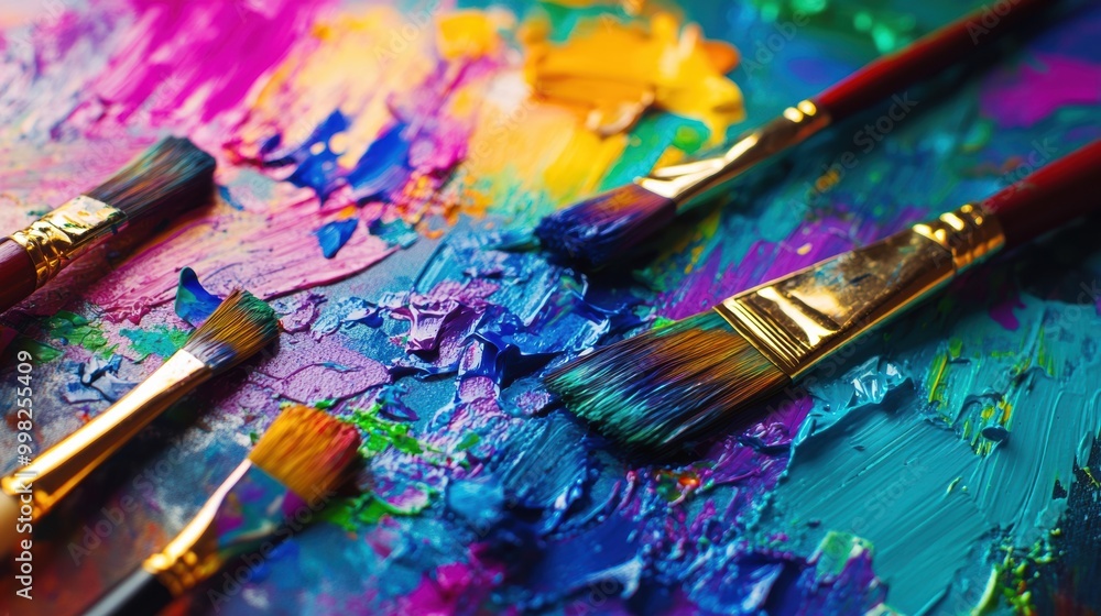 Leinwandbilder Bright splashes of color and paintbrushes on a canvas reveal an active artistic process in a creative studio. Generative AI