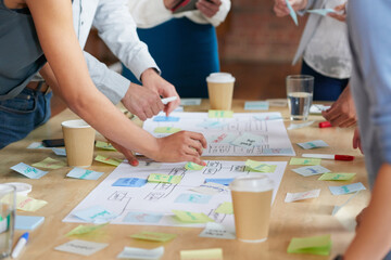 Hands, group and documents in office with sticky note, planning and mindmap for inspiration at...