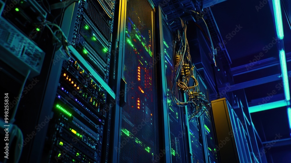 Poster server room with rows of servers