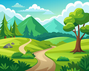 Beautiful nature landscape with green grass, hill, trees, and footpath vector illustration on a white background