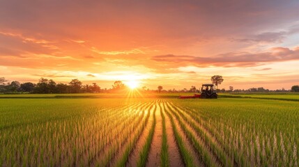 Obraz premium A panoramic view of a rice field at sunset, with a rice harvester in the distance, its silhouette highlighted against the orange and pink hues of the sky.