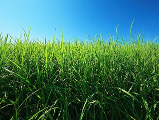 Obraz premium Lush Green Grass Under a Bright Blue Sky Representing Nature, Growth, and Tranquility in Summer