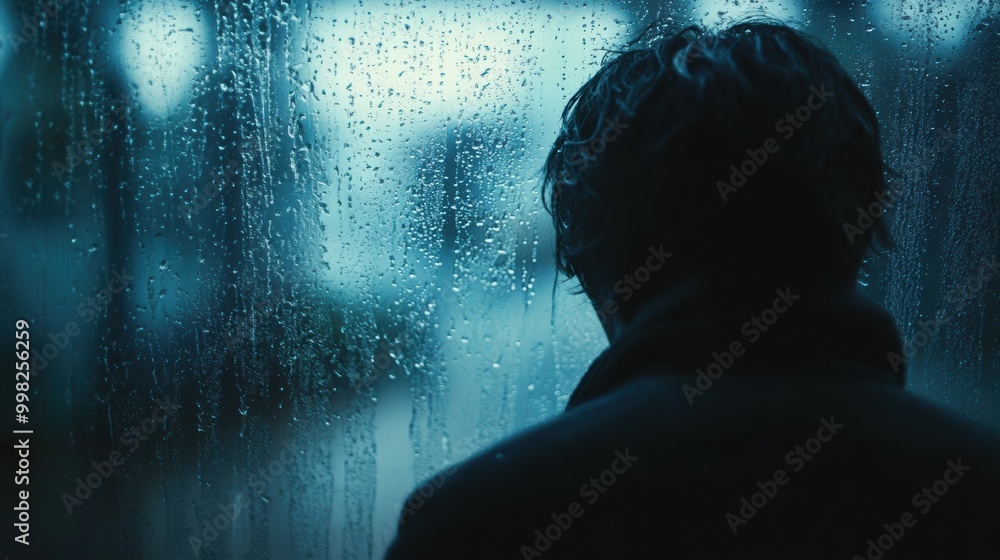 Poster a lone individual stands by a rain-covered window, lost in introspection as drops trickle down, acce