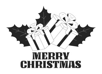 Gifts Merry Christmas greeting black and white 2D illustration concept. Bow ribbon giftboxes holly leaves outline postcard isolated. Xmas presents. Yuletide celebration metaphor monochrome vector art