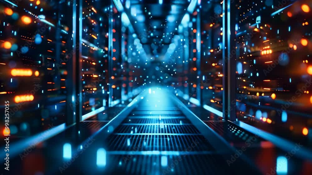 Poster a row of computer servers in a data center. concept of cyberspace, communication and technology.