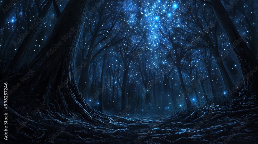 Poster a dark forest with glowing lights and a path through the trees.