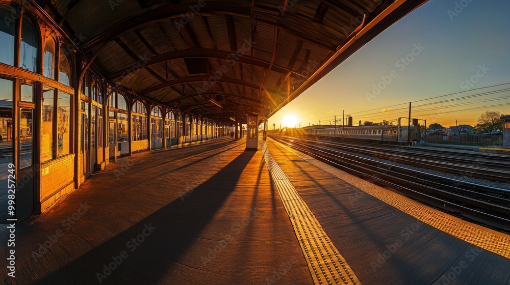 Aufkleber a panoramic view of an empty train platform at sunset, with golden light reflecting on the rails, sy