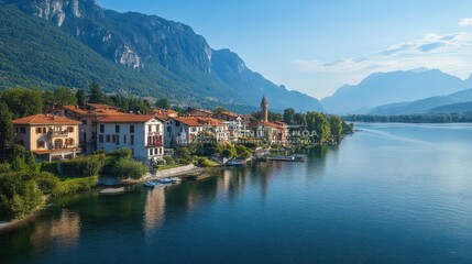 Fototapeta premium Discover the Tranquil Beauty of a Lakeside Village Nestled Among Scenic Mountains