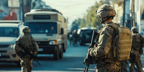Weaponization of Fear: Military vehicles, armed soldiers patrolling a tense street.