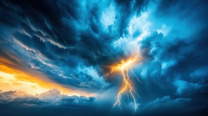 Fototapeta premium Dramatic sky with dark storm clouds and a bolt of lightning, creating a powerful and intense visual for action and thriller movie posters.