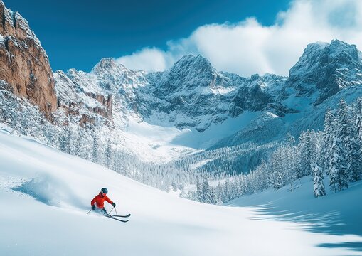 Solitary monoski resting against a snow-covered mountain backdrop in a serene winter landscape