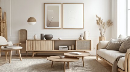 A stylish Scandinavian-inspired living room with light wood furniture, neutral colors, and simple showcasing minimalism and elegance.