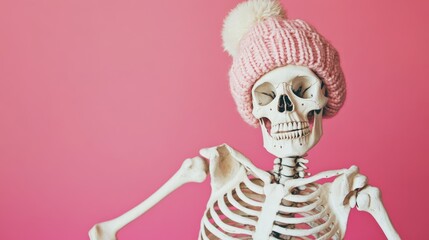 selective focus on a skeleton with a cute knitted hat against a pink background