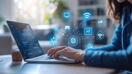 A tech-savvy individual configuring their home Wi-Fi network on a laptop, surrounded by smart home devices, showcasing modern technology and connectivity.