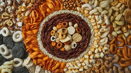 A Colorful Arrangement of Various Crispy Snacks and Crackers