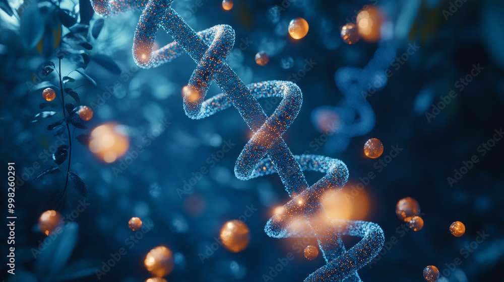 Poster a visual representation of a dna helix intertwined with cells in a dark, illuminated environment