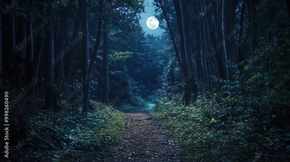 Poster a dirt path through a moonlit forest with tall trees on either side and a full moon in the sky.