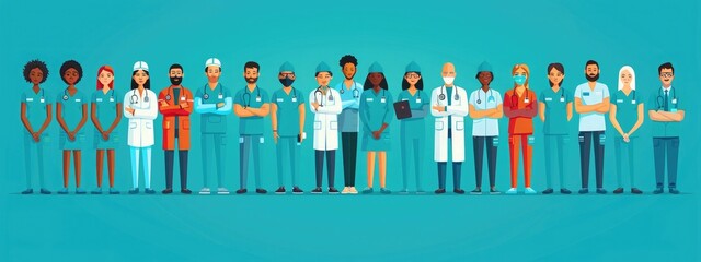 an illustration of Vector of a diverse medical staff in scrubs, diverse, diverse, medical, vector infographic, cartoon style