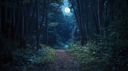 Obraz premium A dirt path through a moonlit forest with tall trees on either side and a full moon in the sky.