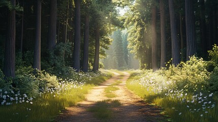 Fototapeta premium A dirt path winding through a forest with tall trees and sunlight filtering through the canopy.