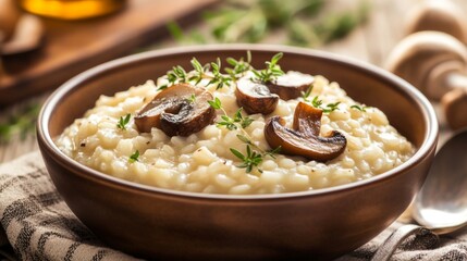 A picturesque scene of a bowl of creamy risotto garnished with mushrooms and herbs, emphasizing the rich flavors and textures of this classic Italian dish.