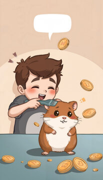 a boy trimming a hamster's fur, a speech bubble above him, boy laughing