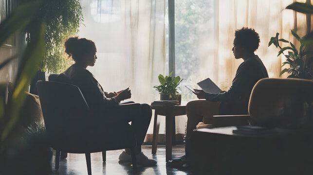 Therapist and patient engaged in deep conversation in a cozy room. Professional counseling session with therapist holding notepad, patient contemplative. Emotional support and mental health care conce