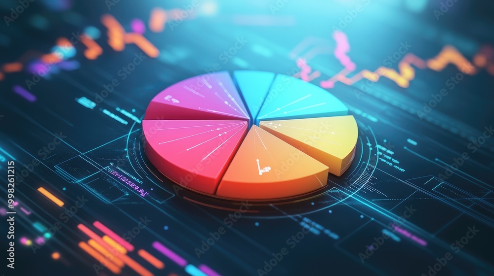 Poster a vibrant 3d pie chart with various financial segments in different colors, floating above a digital