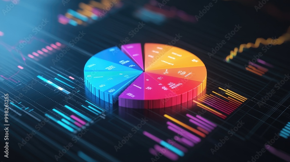 Poster a vibrant 3d pie chart with various financial segments in different colors, floating above a digital