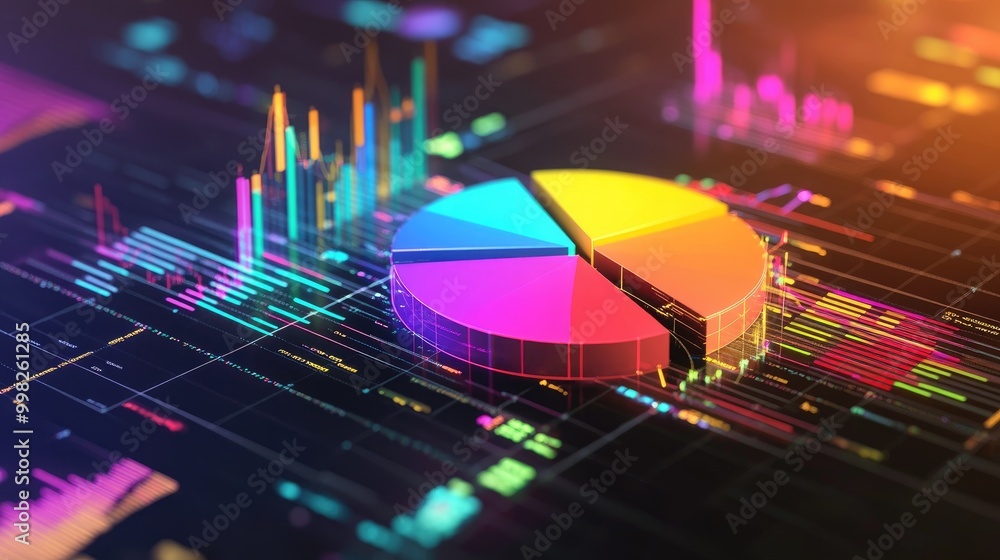 Poster a vibrant 3d pie chart with various financial segments in different colors, floating above a digital