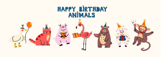 Festive pets happy birthday. Happy animals celebrate party with party hats on their heads. Cartoon stickers for cards, invitations and posters