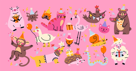 Festive pets happy birthday. Happy animals celebrate party with party hats on their heads. Cartoon stickers for cards, invitations and posters