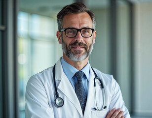 Portrait of a happy and mature doctor working at a hospital alone. Proud, expert medical professional looking pleased with work in a clinic