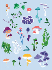 Graphic Set of Mushrooms and Plants, vector illustrations, clip-arts