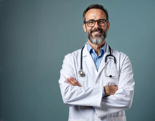 Portrait of a happy and mature doctor working at a hospital alone. Proud, expert medical professional looking pleased with work in a clinic