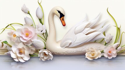 Elegant 3d wallpaper featuring a graceful swan, colorful butterfly, and beautiful floral elements on a crisp white background – perfect for modern home décor and artistic designs.

