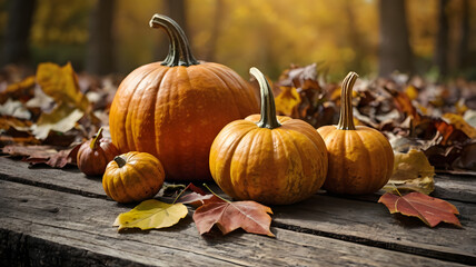 Autumn background of pumpkins and maple leaves on a wooden table