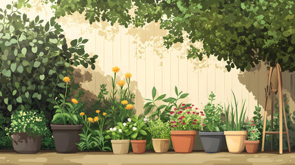 Fototapeta premium Vibrant vector garden scene featuring diverse plants and flowers, celebrating nature's beauty in a colorful and engaging design