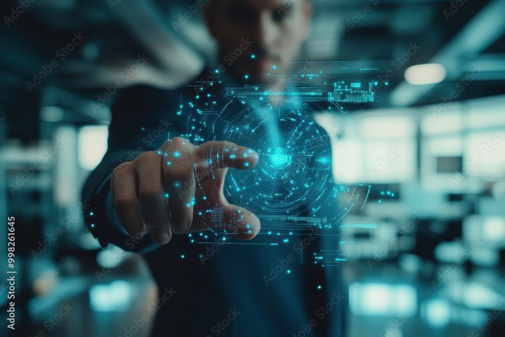 Aufkleber a businessman interacts with a holographic interface displaying digital data.