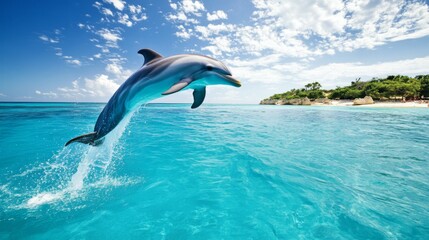 Obraz premium A playful dolphin leaping out of crystal-clear blue water against a bright sunny sky, capturing the grace and agility of these marine mammals in their natural habitat.