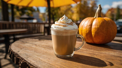 Pumpkin latte coffee. On a wooden table in an outdoor cafe. Autumn atmosphere.