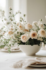 Beautiful bouquet of delicate creme garden roses in a round vase on the table