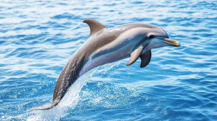 Fototapeta premium A playful dolphin leaping out of crystal-clear blue water against a bright sunny sky, capturing the grace and agility of these marine mammals in their natural habitat.