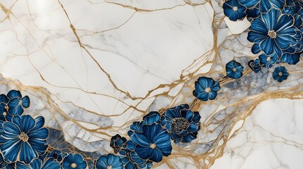 A breathtakingly detailed illustration of a deep blue Flowers marble texture background